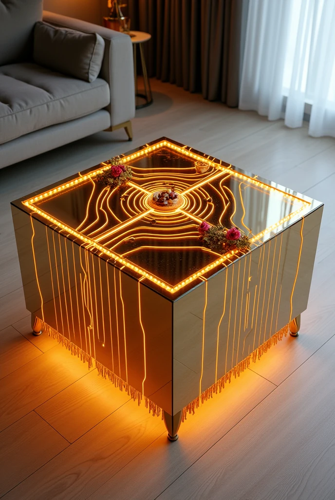 Here is the modified description with an improved design for the legs.:
---
**Small square coffee table, perfect for serving coffee, handcrafted with a two-way mirror glass top, creates a stunning visual effect resembling an endless deep tunnel, lit from within by warm orange LED lighting.** The sides are covered in an epoxy layer interspersed with shiny gold stripes, with the addition of a shiny gold stripe extending around the entire sides to add an extra touch of luxury and a modern look..
**The table is supported by luxurious golden legs, inspired by the modern design shown in the picture, but with a development that makes it more elegant and streamlined.. The legs consist of a set of thin golden rods that hang vertically and harmoniously, with a shiny touch that adds a luxurious glow.. The legs take on a wavy shape that gives the table stability and stunning visual appeal, making it the center of attention in any room..**
Gold stripes intertwine with the epoxy and complete the stunning artistic design.. The table is decorated with simple decorations such as golden swags, small flowers, a cake, nuts, a red rose, and a tea cup.. The table is placed on a light-coloured wooden floor, enhancing the contrast between modern design and classic luxury.. The table combines elegance and simplicity, making it a distinctive piece of art in any room or living room..