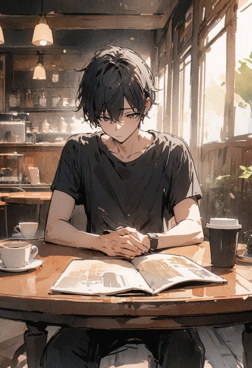 masterpiece,最high quality,Very detailed,High resolution backgrounds,8k,there is nothing,high quality,break,japanese manga style, sketch, Watercolor Colors,Cafe with a nice atmosphere,antique interior,Stylish interior,Boy sits,Wearing a simple black T-shirt,is stroking a black kitten on the table,slowly,relax,coffee,