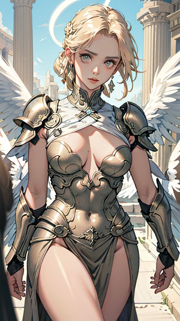 Very beautiful woman angel、Big Wings、 Angel Halo、 Ancient Greek iron armor、 Realistic、Face reality、and、Sexy smile、Small breasts、Sexy pose、