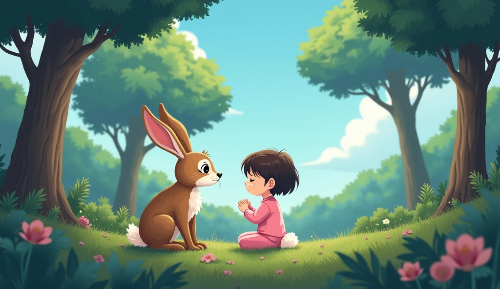 sad hare sits under a tree in the forest, there is a little one sitting next to him, cartoon girl in pink pajamas