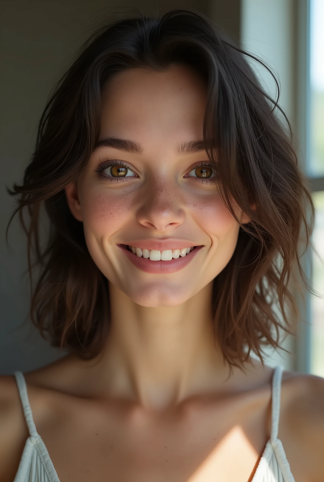 A very realistic close-up of the face of a young brunette woman in her twenties. Her shoulder-length, slightly wavy hair falls naturally around her face. She has fair skin with a slightly rosy complexion and some subtle freckles on her nose and cheeks. Her brown eyes are large and expressive, with long natural eyelashes. She looks directly into the camera with a slight smile, revealing straight, white teeth. Her lips are naturally pink, and her thick, well-defined eyebrows frame her eyes. The soft, natural light emanating from the window in front of her illuminates her face, highlighting her delicate features and creating a subtle contrast with the blurred background. The texture of his skin and the details of his features are visible, making the image extremely realistic.