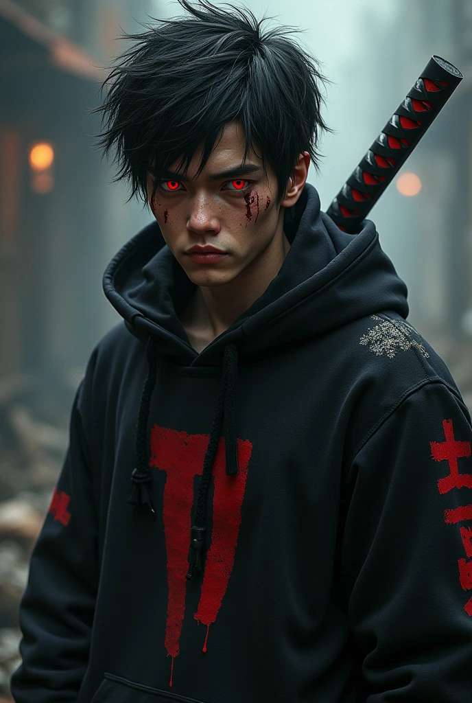 An injured male character with red eyes, black hair tossed to one side, black sweatshirt with red details, and a katana