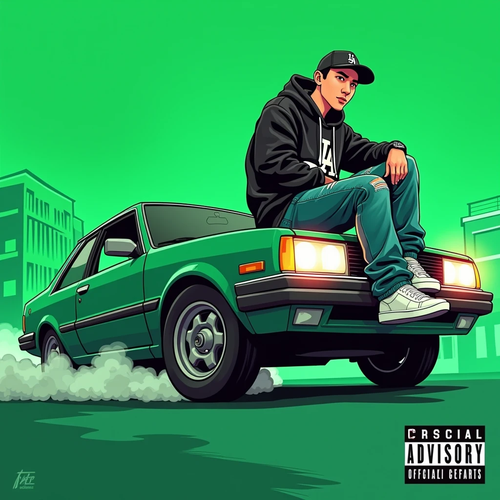Image of a man sitting on the bonnet of a car, Yoshihiko Wada&#39;s album cover, winner of the behance contest, Doodle, official artwork, rap album cover, hip - hop album art cover, colored album art, hip hop music album cover, rap album cover art, official fanart, GTA Cover, hip hop album cover, album art cover, Cartoon character, oriental boy, Running car, Green background, green tea, Deep pressed black LA ball cap, white nike shoes, Black LA Hoodie, Baggy jeans worn down, black neighborhood, Skull, drug, The city seen from behind,  korean, white smoke, Headlight light, Troublemakers, Bad boy, dye, gang