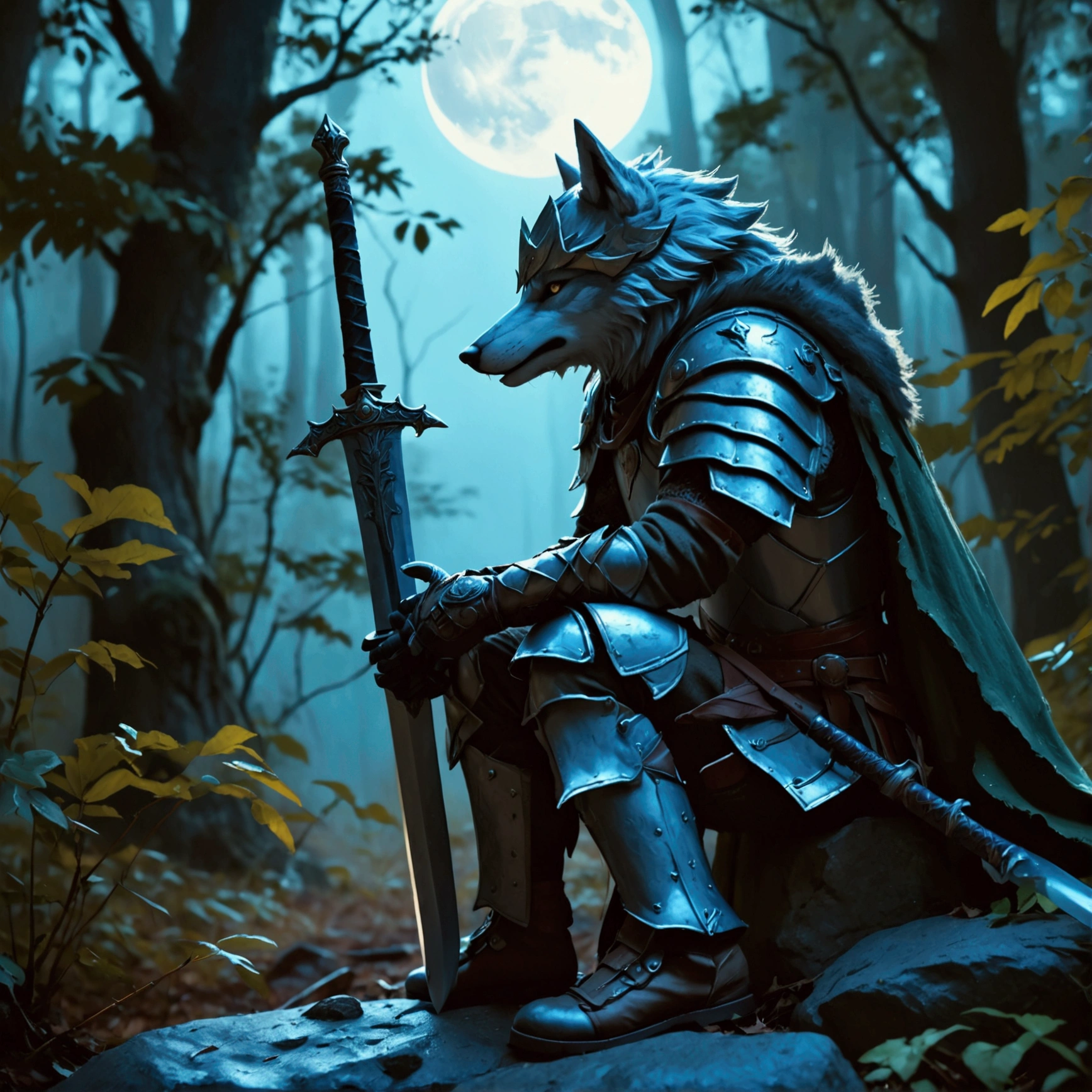a lone warrior, wearing a wolf-headed helmet, crouching on a rock in a dark and gloomy forest, moonlight barely penetrating the treetops, holding a large sword with both hands, resting on the rock, gaze lost in the night, alert to any movement in the shadows, chiaroscuro lighting, cinematic composition, moody atmosphere, dramatic lighting, detailed armor, textured clothing, gritty realism, muted color palette, (best quality,4k,8k,highres,masterpiece:1.2),ultra-detailed,(realistic,photorealistic,photo-realistic:1.37)