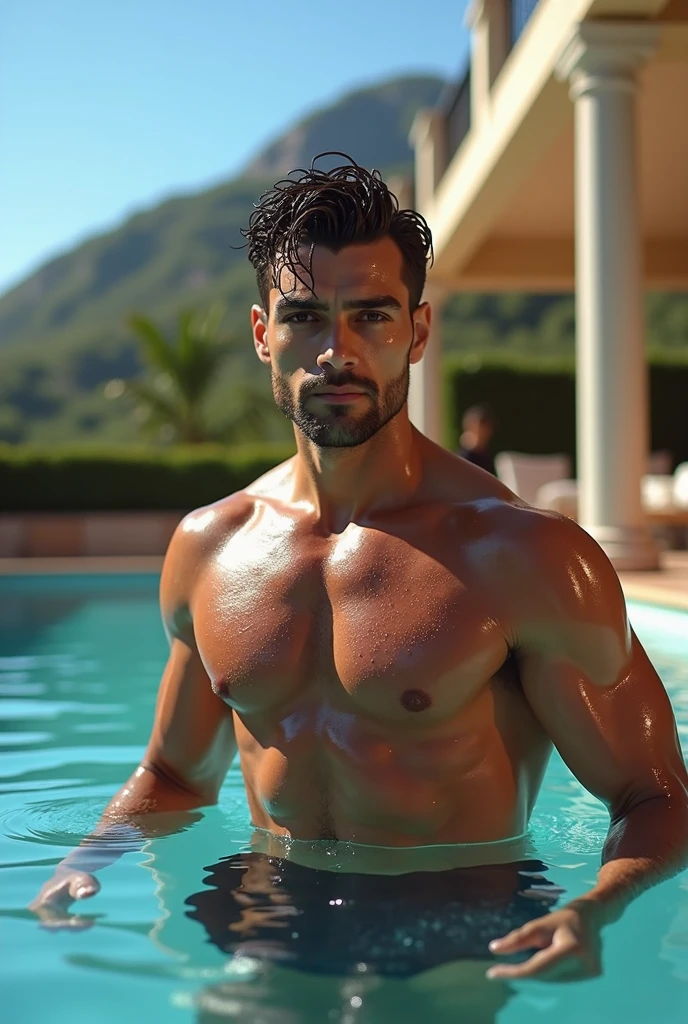 (8k, raw photo, highest quality, masterpiece:1.2, raw photo), (Full body shot:1.7) photorealistic image of a (standing pose:1.7) ultraRealistic high resolution RAW color photos, professional photos, super resolution, (Realistic, real photos: 1), photography, ((Handsome Italian man)), natural shiny skin, muscular physique, high-definition facial and skin texture, (Dark brown hair, wet hair, well-defined muscles, (high resolution), confident and intense facial expression, wearing a wet swimsuit, (well-defined jawline, piercing eyes), strong gaze, wet lashes, deep brown eyes, slightly smiling with water droplets on his face, intricate details, strong and seductive look, looking directly at the camera, confident eyes, intense facial expression, emerging from the water, he has a strong build, he has defined abs, wide angle, post-swim, powerful, charming, artistic and memorable poses, volumetric lighting enhancing the ambiance, rich and contrasting colors, visually striking and impactful images, it’s a work of art, highly detailed, high-budget, stunning details, complex composition, (long-distance angle), luxurious pool with a stunning villa in the background under a bright blue sky.
