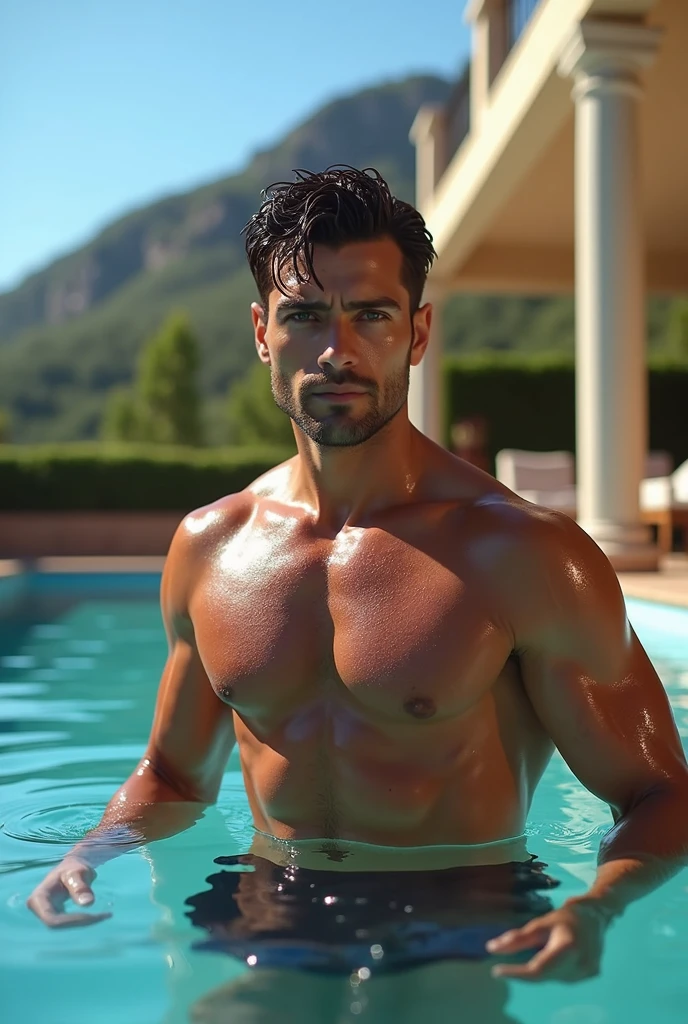 (8k, raw photo, highest quality, masterpiece:1.2, raw photo), (Full body shot:1.7) photorealistic image of a (standing pose:1.7) ultraRealistic high resolution RAW color photos, professional photos, super resolution, (Realistic, real photos: 1), photography, ((Handsome Italian man)), natural shiny skin, muscular physique, high-definition facial and skin texture, (Dark brown hair, wet hair, well-defined muscles, (high resolution), confident and intense facial expression, wearing a wet swimsuit, (well-defined jawline, piercing eyes), strong gaze, wet lashes, deep brown eyes, slightly smiling with water droplets on his face, intricate details, strong and seductive look, looking directly at the camera, confident eyes, intense facial expression, emerging from the water, he has a strong build, he has defined abs, wide angle, post-swim, powerful, charming, artistic and memorable poses, volumetric lighting enhancing the ambiance, rich and contrasting colors, visually striking and impactful images, it’s a work of art, highly detailed, high-budget, stunning details, complex composition, (long-distance angle), luxurious pool with a stunning villa in the background under a bright blue sky.
