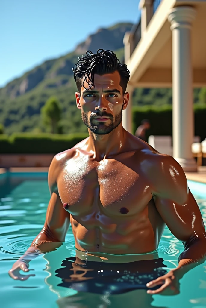 (8k, raw photo, highest quality, masterpiece:1.2, raw photo), (Full body shot:1.7) photorealistic image of a (standing pose:1.7) ultraRealistic high resolution RAW color photos, professional photos, super resolution, (Realistic, real photos: 1), photography, ((Handsome Italian man)), natural shiny skin, muscular physique, high-definition facial and skin texture, (Dark brown hair, wet hair, well-defined muscles, (high resolution), confident and intense facial expression, wearing a wet swimsuit, (well-defined jawline, piercing eyes), strong gaze, wet lashes, deep brown eyes, slightly smiling with water droplets on his face, intricate details, strong and seductive look, looking directly at the camera, confident eyes, intense facial expression, emerging from the water, he has a strong build, he has defined abs, wide angle, post-swim, powerful, charming, artistic and memorable poses, volumetric lighting enhancing the ambiance, rich and contrasting colors, visually striking and impactful images, it’s a work of art, highly detailed, high-budget, stunning details, complex composition, (long-distance angle), luxurious pool with a stunning villa in the background under a bright blue sky.