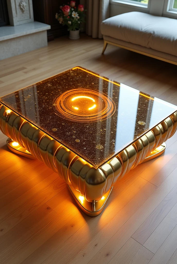 Here is the modified description with an improved design for the legs.:

---

**Small square coffee table, perfect for serving coffee, handcrafted with a two-way mirror glass top, creates a stunning visual effect resembling an endless deep tunnel, lit from within by warm orange LED lighting.** The sides are covered in an epoxy layer interspersed with shiny gold stripes, with the addition of a shiny gold stripe extending around the entire sides to add an extra touch of luxury and a modern look..

**The table is supported by luxurious golden legs, inspired by the modern design shown in the picture, but with a development that makes it more elegant and streamlined.. The legs consist of a set of thin golden rods that hang vertically and harmoniously, with a shiny touch that adds a luxurious glow.. The legs take on a wavy shape that gives the table stability and stunning visual appeal, making it the center of attention in any room..** 

Gold stripes intertwine with the epoxy and complete the stunning artistic design.. The table is decorated with simple decorations such as golden swags, small flowers, a cake, nuts, a red rose, and a tea cup.. The table is placed on a light-coloured wooden floor, enhancing the contrast between modern design and classic luxury.. The table combines elegance and simplicity, making it a distinctive piece of art in any room or living room..

