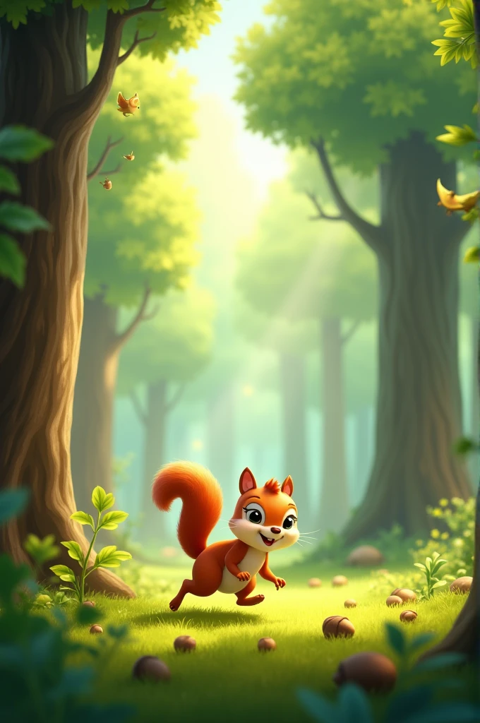 A bright and sunny forest with tall trees and a small, cute squirrel named Sammy, happily gathering acorns scattered on the forest floor