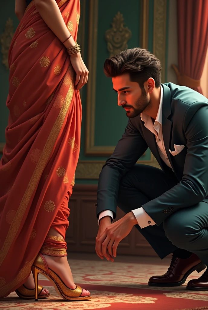 Guy admiring a girls feet in high heels and saree