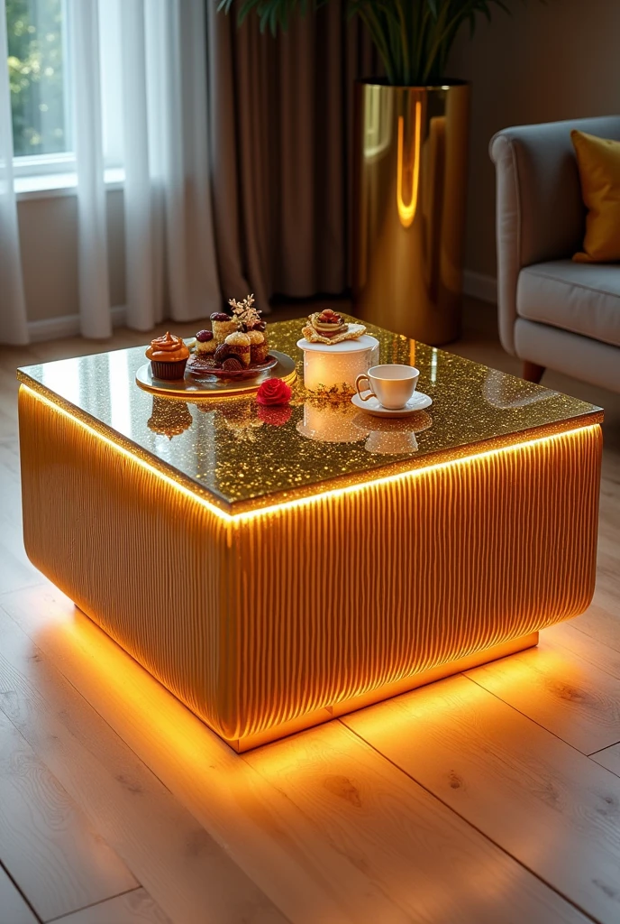 Here is the modified description with an improved design for the legs.:
---
**Small square coffee table, perfect for serving coffee, handcrafted with a two-way mirror glass top, creates a stunning visual effect resembling an endless deep tunnel, lit from within by warm orange LED lighting.** The sides are covered in an epoxy layer interspersed with shiny gold stripes, with the addition of a shiny gold stripe extending around the entire sides to add an extra touch of luxury and a modern look..
**The table is supported by luxurious golden legs, inspired by the modern design shown in the picture, but with a development that makes it more elegant and streamlined.. The legs consist of a set of thin golden rods that hang vertically and harmoniously, with a shiny touch that adds a luxurious glow.. The legs take on a wavy shape that gives the table stability and stunning visual appeal, making it the center of attention in any room..**
Gold stripes intertwine with the epoxy and complete the stunning artistic design.. The table is decorated with simple decorations such as golden swags, small flowers, a cake, nuts, a red rose, and a tea cup.. The table is placed on a light-coloured wooden floor, enhancing the contrast between modern design and classic luxury.. The table combines elegance and simplicity, making it a distinctive piece of art in any room or living room..