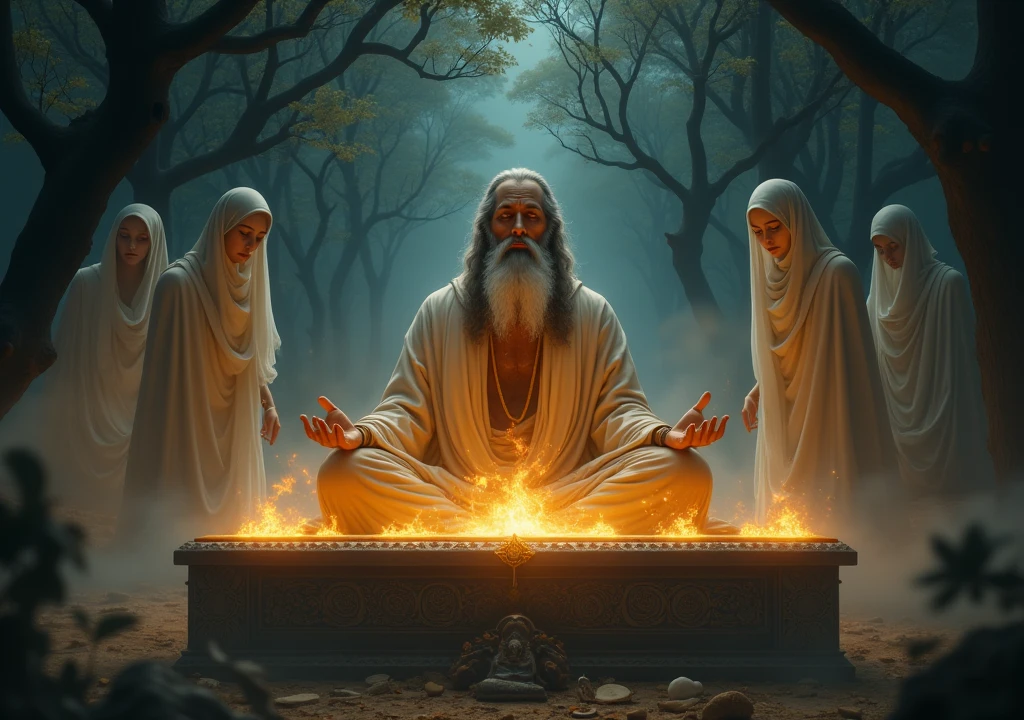 A mystical and suspenseful depiction of Rishi Bhrigu's sacred night ritual on Aja Ekadashi. The scene shows the sage meditating in front of an ancient altar, bathed in a soft, golden glow from divine light. The setting is an enchanted forest with a dark, starry sky overhead. Mysterious, translucent figures float around the sage, hinting at spiritual forces at work. The image conveys a sense of reverence and magical atmosphere."