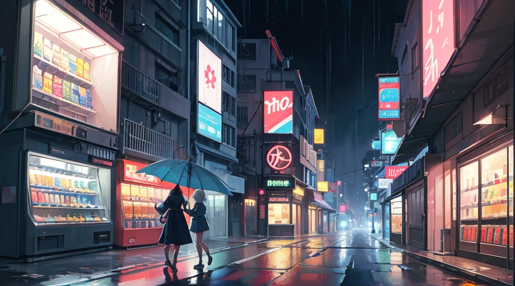 Low-fi isometric illustration of a street corner., Street light, moon heavy dark rain, vending machine, Woman walking with an umbrella 64kniji 6 --aspect 16:9 --stylize 1024X576 --quality 1 --chaos 0y Greg Rutkowski,