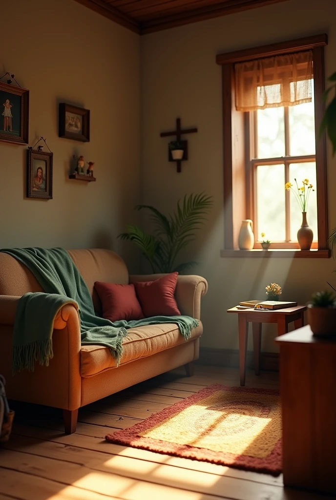 In cinematic 3D cartoon style "The setting is a modest and humble home with minimal furnishings. The home should reflect poverty yet have an air of simplicity and devotion."