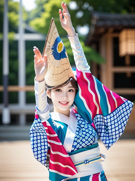 Photo-realistic quality、A 20-year-old Japanese woman dancing the Awa Odori dance、Traditional Bon Odori costumes based on white, White Arms、 White traditional costume, Japanese model, Cute playful pose of the dancer, Wearing a straw hat,  Beautiful images, Traditional Costume、looking at the camera、Detailed and beautiful eyes、Cute smile、A soft and gentle look