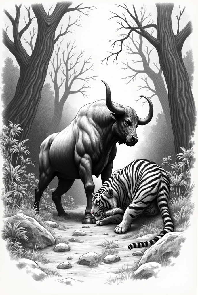 hatching drawing of bull fighting with tiger in the forest