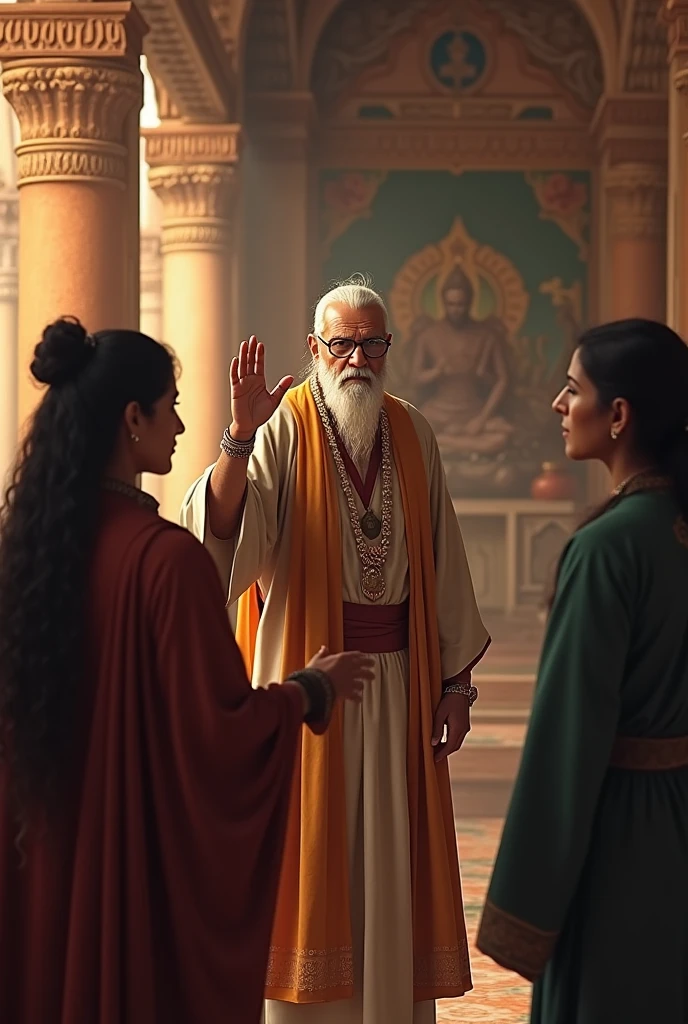 Create an image of an elderly priest in the temple, wearing traditional priestly robes. His face is calm but serious, exuding wisdom and authority. He raises a hand slightly, interrupting the conversation between Veer and Aastha. His expression is patient but firm, indicating his deep religious faith and commitment to the rituals being performed