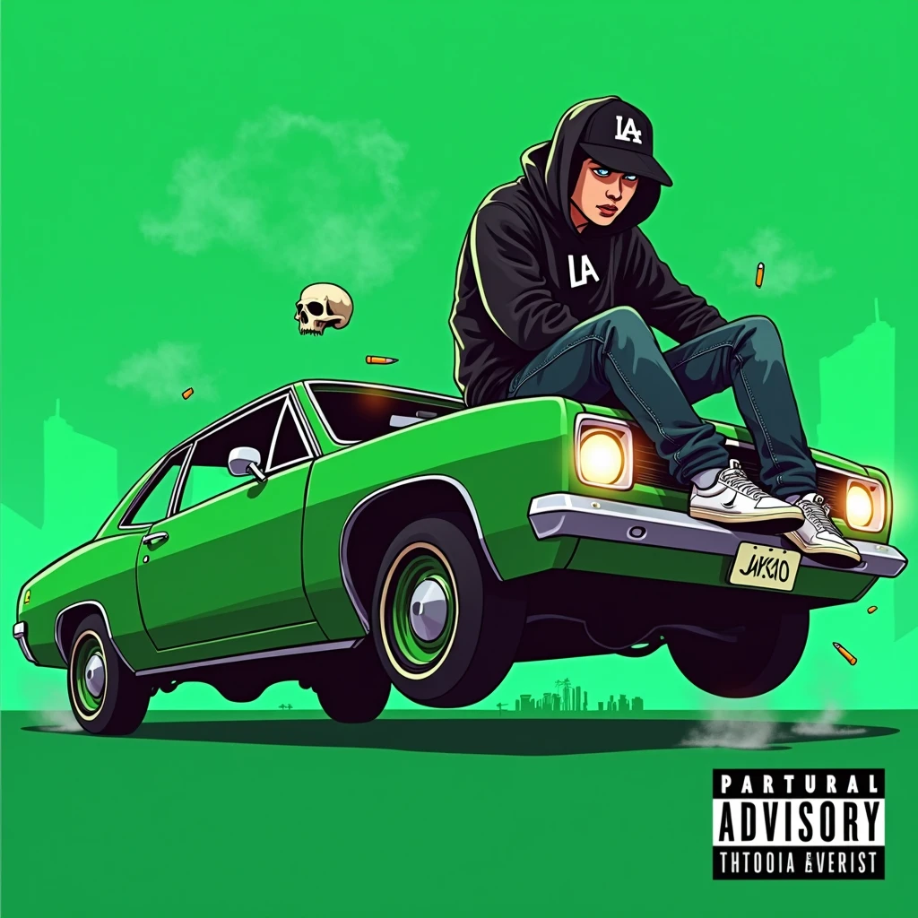 Image of a man sitting on the bonnet of a car, Yoshihiko Wada&#39;s album cover, winner of the behance contest, Doodle, official artwork, rap album cover, hip - hop album art cover, colored album art, hip hop music album cover, rap album cover art, official fanart, GTA Cover, hip hop album cover, album art cover, Cartoon character, oriental boy, Running car, Green background, green tea, Deep pressed black LA ball cap, white nike shoes, Black LA Hoodie, Baggy jeans worn down, black neighborhood, Skull, drug, The city seen from behind,  korean, white smoke, Headlight light, Troublemakers, Bad boy, dye, Flying bullets
