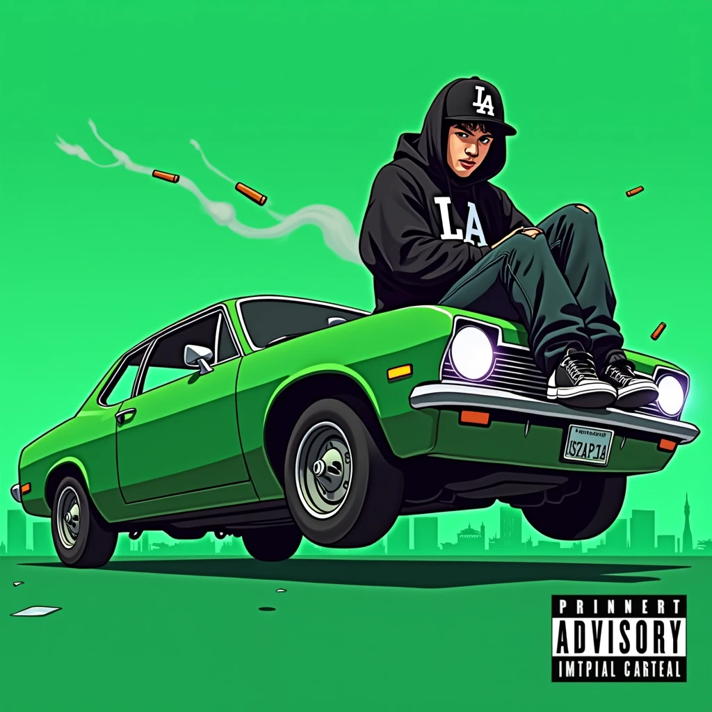 Image of a man sitting on the bonnet of a car, Yoshihiko Wada's album cover, winner of the behance contest, Doodle, official artwork, rap album cover, hip - hop album art cover, colored album art, hip hop music album cover, rap album cover art, official fanart, GTA Cover, hip hop album cover, album art cover, Cartoon character, oriental boy, Running car, Green background, green tea, Deep pressed black LA ball cap, white nike shoes, Black LA Hoodie, Baggy jeans worn down, black neighborhood, Skull, drug, The city seen from behind, korean, white smoke, Headlight light, Troublemakers, Bad boy, dye, Flying bullets