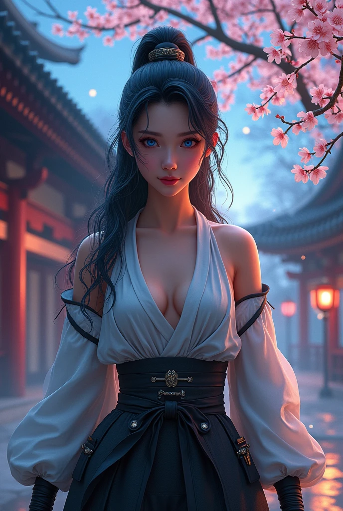 (RAW shooting, Photorealistic:1.5, 8k, Highest quality, masterpiece, Ultra-high resolution), sengoku, Perfect dynamic composition:1.2, god秘的:1.3, Highly detailed skin and facial textures:1.3, A beautiful female samurai holding a Japanese sword in an upper stance:1.1, Beautiful and big breasts、aesthetic:1.2, Cute and sexy beauty, Perfect Style, god, fire, water, Wind, thunder, ice, Fair skin, Very beautiful face, (Mid-chest, Chest gap), (Embarrassed smile, Her facial expression when she felt intense caressing, Facial expressions when feeling happy), (Let me&#39;s wear the sexy sengoku uniform:1.1, Off the shoulder), (Beautiful Blue Eyes, Beautiful erotic eyes:0.8), (Too erotic:0.9, Fascinating:0.9), Full Body Shot, 背景にある日本のgod社、Cherry Blossoms at Night