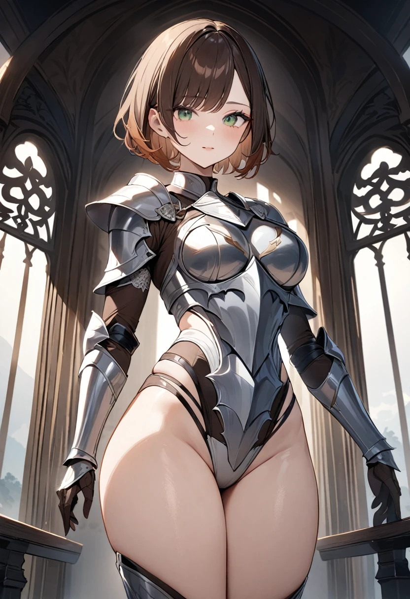 (masterpiece, top quality, very aesthetic, 4k、illustration), ()、intricate detail, 1woman,solo,contrapposto 、(gradient eyes、tareme)、very short hair、asymmetrical bangs,Fair skin,(cowboy shot)、beautiful women、clear face、(),beautiful face、(gradient hair)、(brown hair)、sidelock ,,green eyes、Knight、Full Body Armor、medium breasts、slender 、