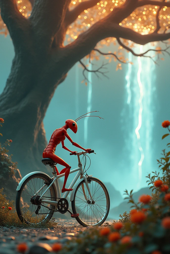 A white bike with red ant driving in lightings tree with waterfall