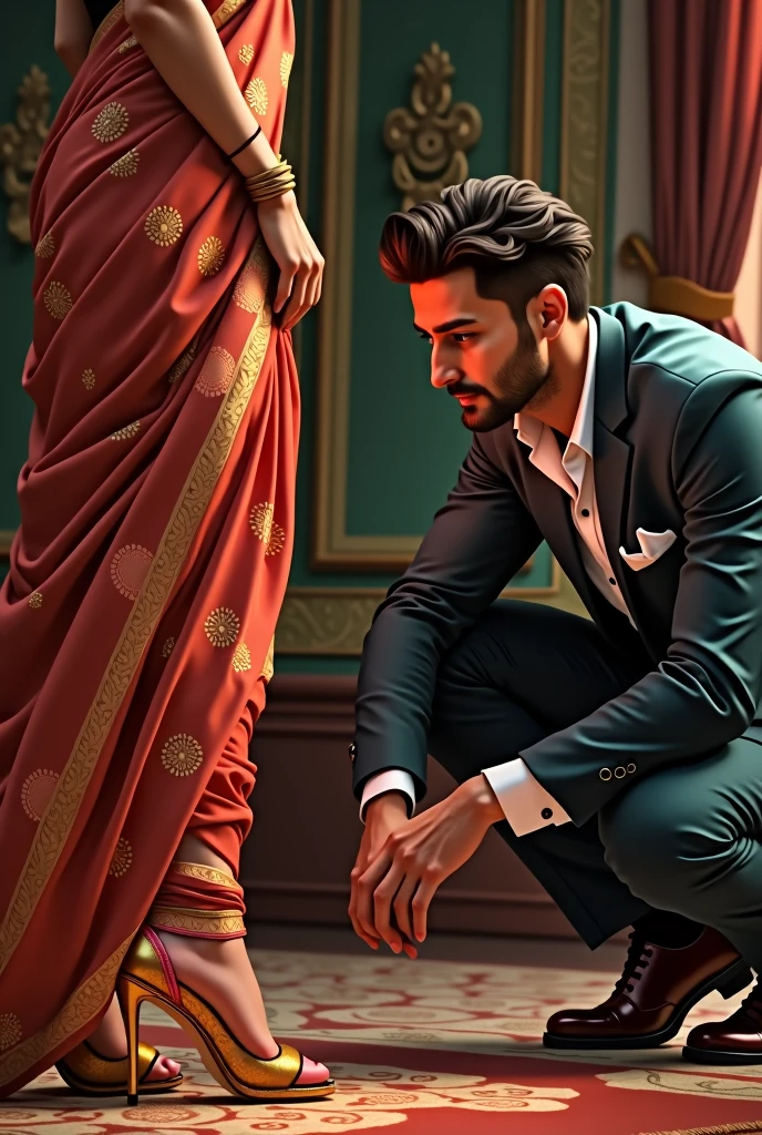 Guy admiring a girls feet in high heels and saree