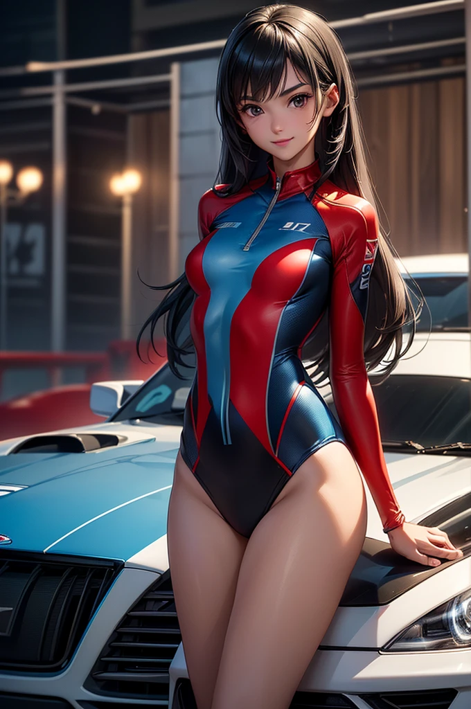 ((masterpiece, best quality, ultra-detailed, high resolution, extremely detailed CG, super detailed, Most beautiful clean lighting)), ((1girl, small, young, cute girl, pretty face, smile, white skin, Beautiful black long hair, black eyes, kawaii, slender, small build, flat breasts, Race queens, car racetracks, racing cars, blue and red swimsuit-like racing suits,