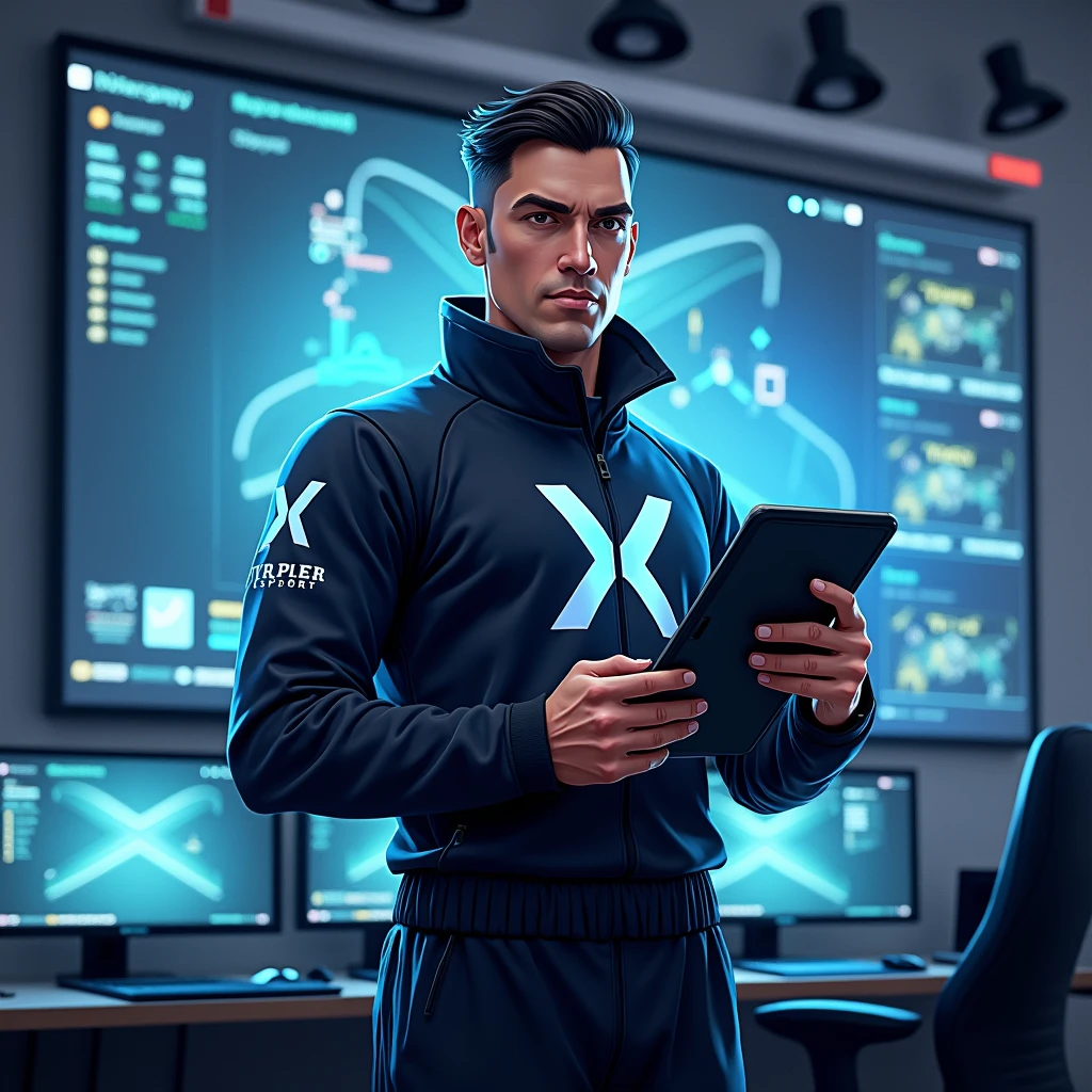 Design an image of FainterX as an In-Game Leader (IGL) for Xypher Esports, showcasing him in a strategic command role. FainterX should be depicted wearing a sleek, high-tech esports uniform with the Xypher Esports logo prominently displayed. He should be positioned in front of a large digital display or strategic map, holding a tactical tablet or holographic interface. His expression should be authoritative and focused, exuding confidence and decisiveness. The background could feature a modern esports strategy room with multiple screens and data feeds, emphasizing his role in directing and orchestrating team strategies and write Welcome as igl