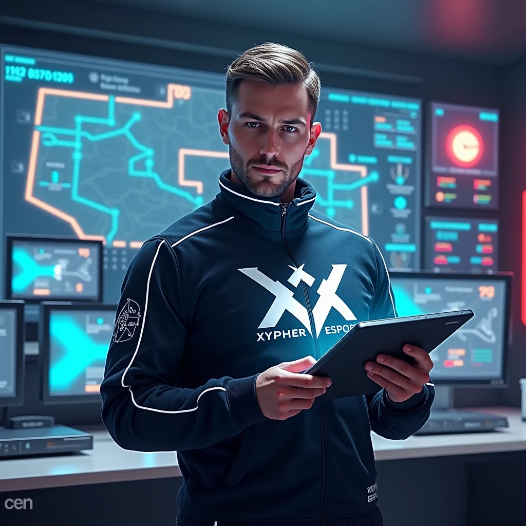 Design an image of FainterX as an In-Game Leader (IGL) for Xypher Esports, showcasing him in a strategic command role. FainterX should be depicted wearing a sleek, high-tech esports uniform with the Xypher Esports logo prominently displayed. He should be positioned in front of a large digital display or strategic map, holding a tactical tablet or holographic interface. His expression should be authoritative and focused, exuding confidence and decisiveness. The background could feature a modern esports strategy room with multiple screens and data feeds, emphasizing his role in directing and orchestrating team strategies and write Welcome as igl