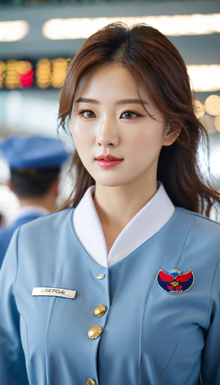 close-up of beautiful korean female, 34 inch breasts size, wearing flight crew uniform, walking inside airport , bokeh background, UHD