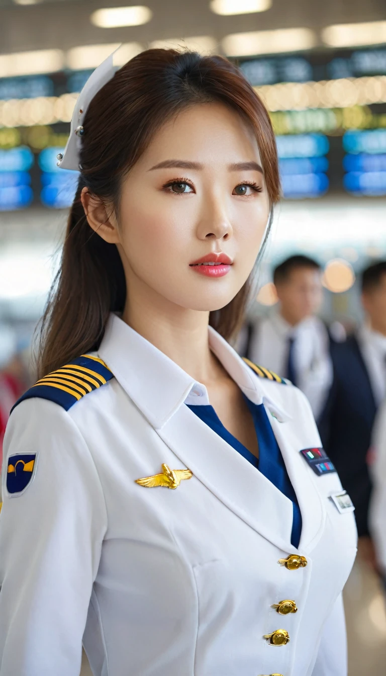 close-up of beautiful korean female, 34 inch breasts size, wearing flight crew uniform, walking inside airport , bokeh background, UHD