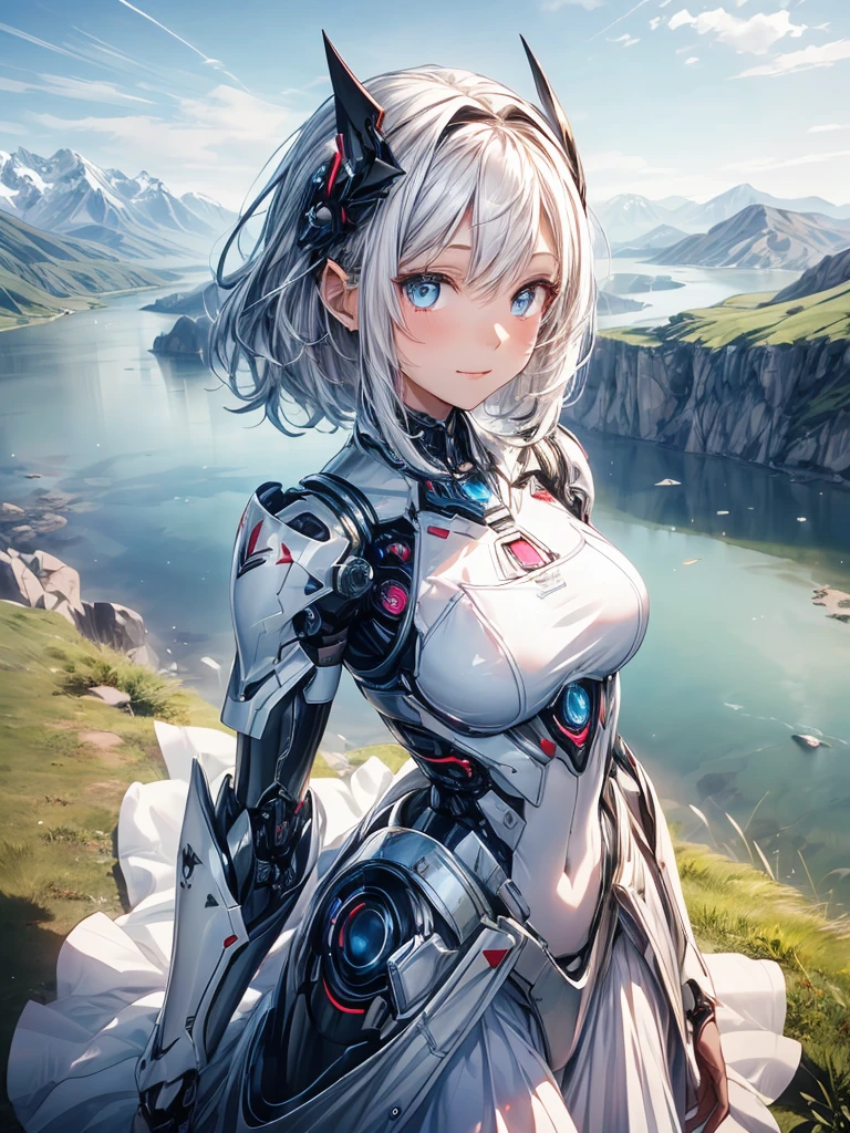 (1 person: 1.0),
(2:1.0), (medium bust: 1.2), (pink medium length hair:1.0),
(pretty face:1.1), (clear blue eyes: 1.0), (cybernetic female robot: 1.0), (Very detailed mecha suit:1.0),
(White Gothic Breastplate:1.0), (doll joints: 1.0), (Her white skirt, luxury, And low-key magic dress:1.1),
(decorative embroidery:1.0), (White luxury dress:1.1), (背中には天使の羽have:1.3), (flight:1.1), (Friendly smile:1.0),
An image of a female android flight low over an undulating grassy field. mountains behind her々々have, blue sky and lake. sparkling in the midday sun.
best quality, masterpiece, (Watercolor style:1.2)