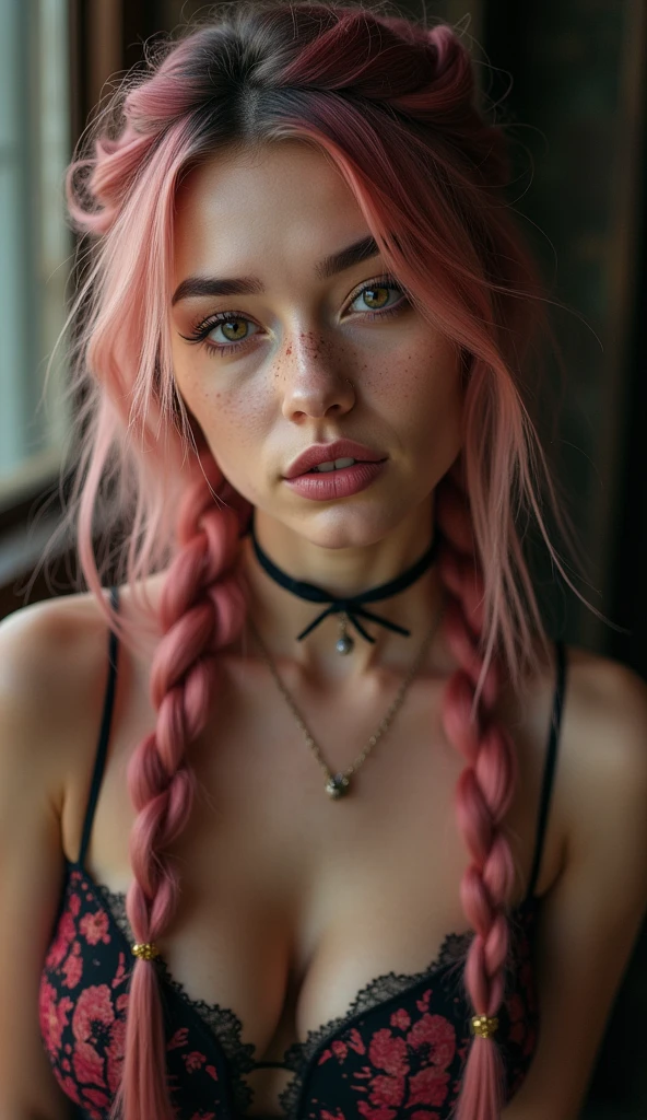 (Realisttic:1.2), analog photo style, Beautiful young woman, posing, with freckles and long pink hair braided, (steampunk dark fantasy atmosphere), soft natural light, cute and sexy, great quality, Masterpiece, detailed strange background, better perfVulgar clothing, erotic pose,A sexy girl, brunette hair, beautiful detailed eyes, beautiful detailed lips, extremely detailed face, long eyelashes, sensual expression, elegant pose, 1girl, photorealistic, 8k, high quality, hyper detailed, realistic lighting, vivid colors, cinematic lighting, dramatic lighting, intricate details, masterpiece, CUTE SMILE SHOWING TEETHormance, 16k quality, RAW photo, naked, nude, showing tits, sLARGE AND CLEAVAGE , beauty, big hips, big ass