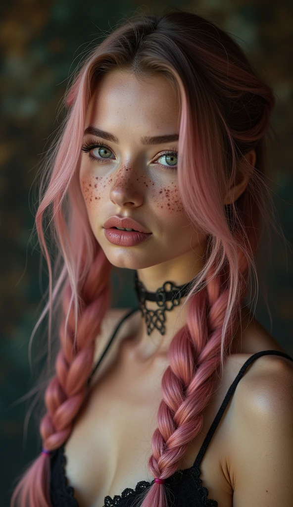 (Realisttic:1.2), analog photo style, Beautiful young woman, posing, with freckles and long pink hair braided, (steampunk dark fantasy atmosphere), soft natural light, cute and sexy, great quality, Masterpiece, detailed strange background, better perfVulgar clothing, erotic pose,A sexy girl, brunette hair, beautiful detailed eyes, beautiful detailed lips, extremely detailed face, long eyelashes, sensual expression, elegant pose, 1girl, photorealistic, 8k, high quality, hyper detailed, realistic lighting, vivid colors, cinematic lighting, dramatic lighting, intricate details, masterpiece, CUTE SMILE SHOWING TEETHormance, 16k quality, RAW photo, naked, nude, showing tits, sLARGE AND CLEAVAGE , beauty, big hips, big ass