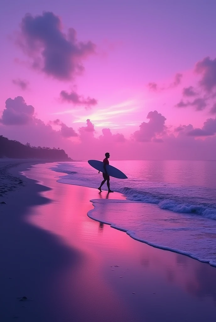 A beautiful purple sky over the ocean with a surfer walking on the beach. The scene features a stunning purple sunset and reflective lavender seawater. The purple hues create a soft, glowing atmosphere, enhancing the overall aesthetic with a dreamy and breathtaking quality. Stunning purple shades and beautiful backgrounds contribute to this enchanting depiction.
Images, not illustrations