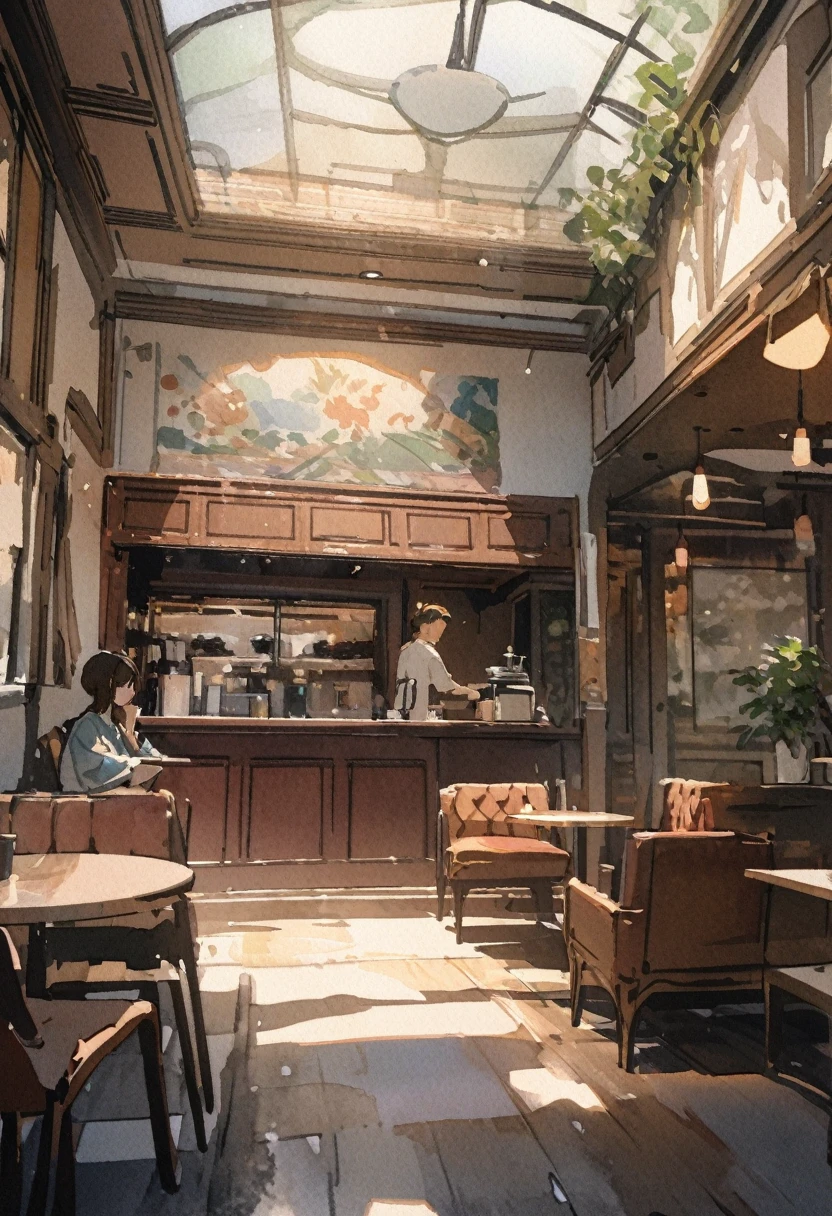 masterpiece,最high quality,Very detailed,High resolution backgrounds,8k,there is nothing,high quality,break,japanese manga style, sketch, Watercolor Colors,Cafe with a nice atmosphere,antique interior,Stylish interior,juvenile,slowly,relax,coffee,