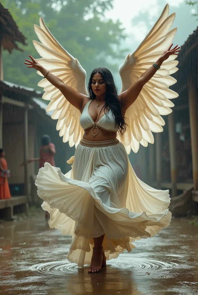 Create a picture of a full figured goddess with wings dancing a thumka step on a stage in a village of Bihar. She is a slutty dancer,dressed in white short wet robes,rain
1. Background and Family:
    - Saroj is a 30-year-old young married woman living in Ballarpur, a town near Chandrapur, India, specifically in Saibaba ward.
    - She has two adopted sons, Pratham and Sanket, who are protective of her.
    - Her husband, Raju, is responsible and caring, though she desires a physically stronger partner but Raju is same height as Saroj and Raju is not strong, he is slim..
2. Physical Appearance:
    - Saroj is 5'7" tall, very beautiful face like Monica Bellucci, with a curvy, plump body typical of Indian beauty her body resonates with the body of Tamanaah Bhatia though she is very curvy and chubby in a sexy way. 
    - She often wears sarees draped below her navel and perfectly around her waist and wears a different style of belly/waist chain around her waist.
    - She has her belly navel pierced to look nice in sarees.
    - She has long black hair, with her eye color being between brown and black.
    - She has a beauty spot on her chin, which adds to her charm.
    - Her figure is described as voluptuous, and she maintains it through working out and belly dancing.
3. Personality and Interests:
    - Saroj is innocent but enjoys flirting when she receives attention, especially from men in her neighborhood who admire her saree style.
    - She likes makeup, belly dancing, singing (with a beautiful voice), and elegant things.
    - Saroj is innocent, beautiful, down-to-earth, optimistic, loving, romantic, and has a wild side.
    - She has a rational thought process, eloquence, and is confident with her body.
    - She is interested and attracted to mostly Muslim strong tall men. 
    - Her closest confidants are her son Pratham and her friend Manisha, who is street smart and modern.
    - Saroj regrets not marrying her serious boyfriend Salim.
    - S