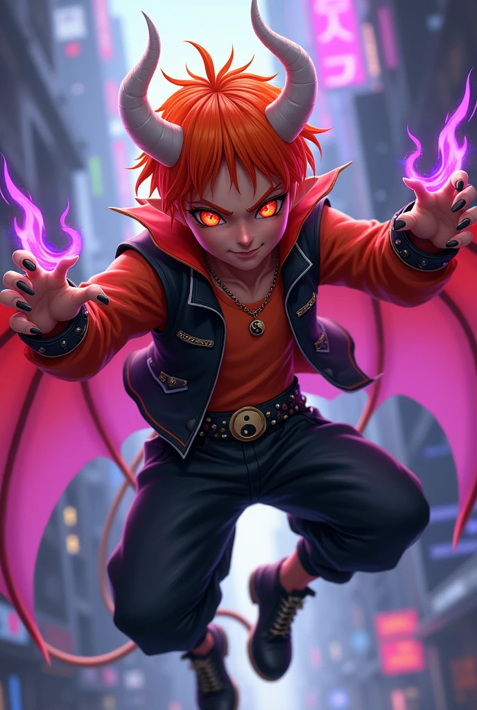 male sexy demon age 20, smile, crazy look, orange skin, glowing red eyes, black sclera, cute eyes, orange hair, black vest, vest is red into, arms on violet flames, cyberpunk style, japanese style, belt with a blue and red ying-yang, chains around the belt, slim athletic, magic powers, action, leather brown boots with metal pins, black cat nails, attack flying pose, orange hair, white long hornes, hollow horns