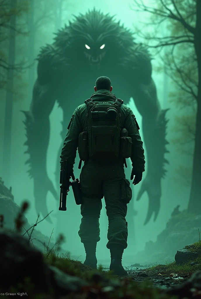 Cover of a video game called Green Night with a soldier and a monster in his silhouette