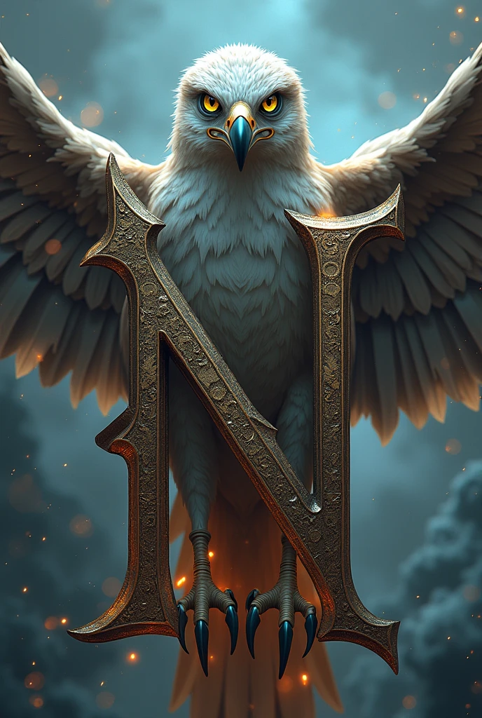 Generate a Mythicaly image in good personality of letter N use mythical font background like some mythical falcon