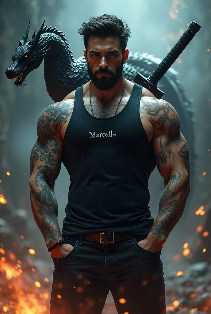 
Dark-haired man with both hands in his pants pocket, defined brown hair, wearing a tight black American tank top with tattoos all over his body , with the name Marcelo on the chest , with a magical black legendary katana on his back , a black magic dragon at his rear , and a burst of water magic and flames around