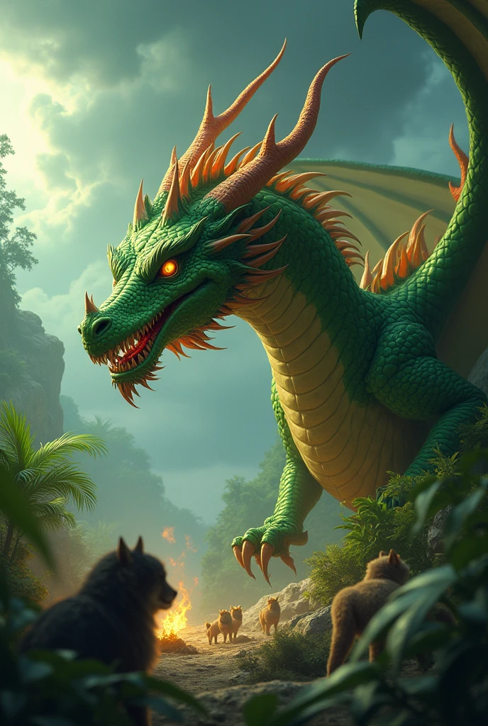 - A close-up of the fire Green dragon Spark, looking determined and brave, ready to take action. His eyes are focused on the storm cloud in the sky , and he’s preparing to take flight, with his wings slightly raised and flames flickering at the edges of his mouth in a jungle on trees and all the animals are looking at the dragon