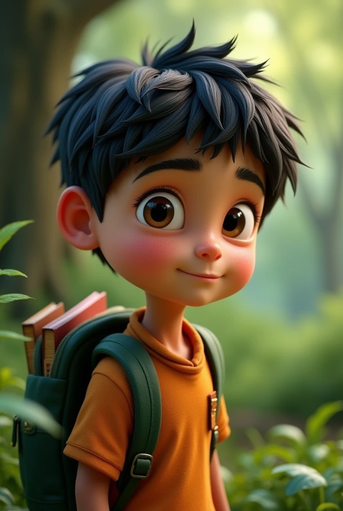 Max - Lila’s  brother, who is a bit shy but very clever. He has short, tousled black hair and deep brown eyes. Max loves to read and often carries a small backpack filled with books.
3d and face should not be so small forest in background