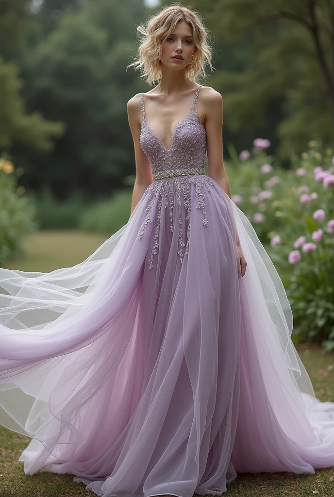 A dusty purple tulle wedding dress with glitter and sage green accents