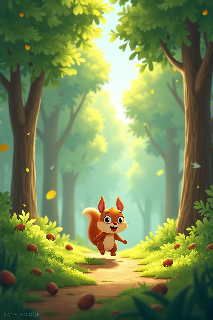 A bright and sunny forest with tall trees and a small, cute squirrel named Sammy, happily gathering acorns scattered on the forest floor