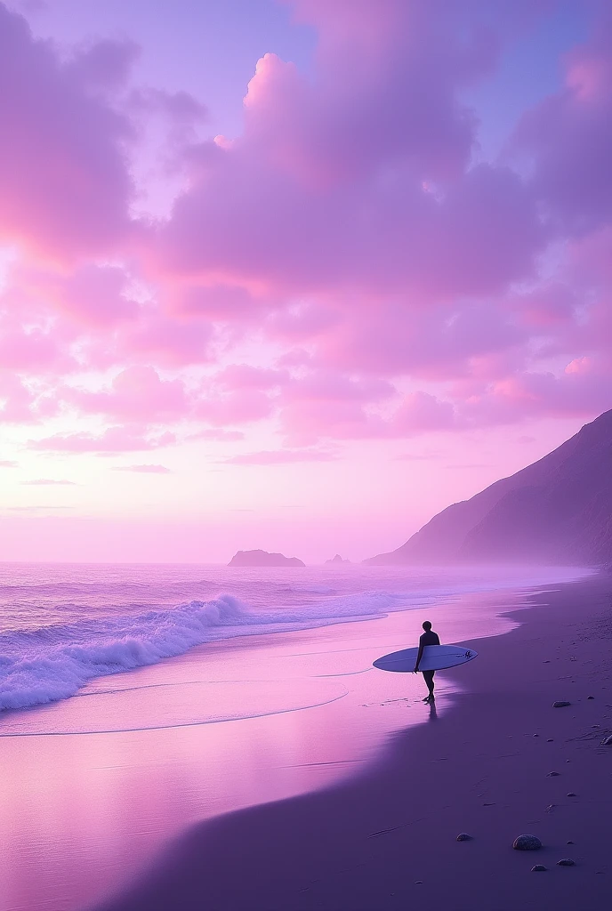 A beautiful purple sky over the ocean with a surfer walking on the beach. The scene features a stunning purple sunset and reflective lavender seawater. The purple hues create a soft, glowing atmosphere, enhancing the overall aesthetic with a dreamy and breathtaking quality. Stunning purple shades and beautiful backgrounds contribute to this enchanting depiction.
Images, not illustrations, no people