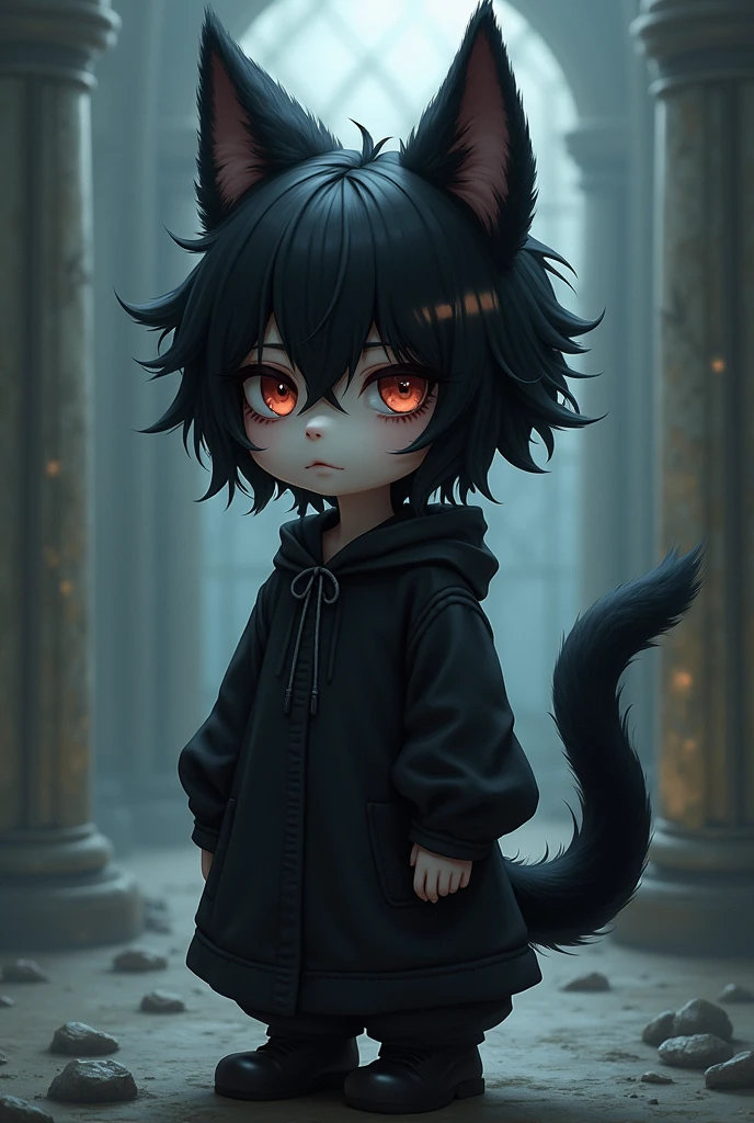 Kawaii Gothic human furry with black messy fluffy hair black puppy ears and a long black tail with white on the tip