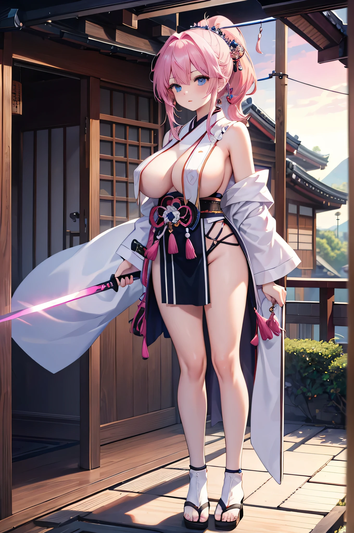 4K,High resolution,One Woman,Pink Hair,Long Ponytail,Blue Eyes,Huge boobs,Swordsman,White samurai armor,breast curtains,Sleeveless,White shoes,Jewelry decoration,Japanese sword,Japanese Village