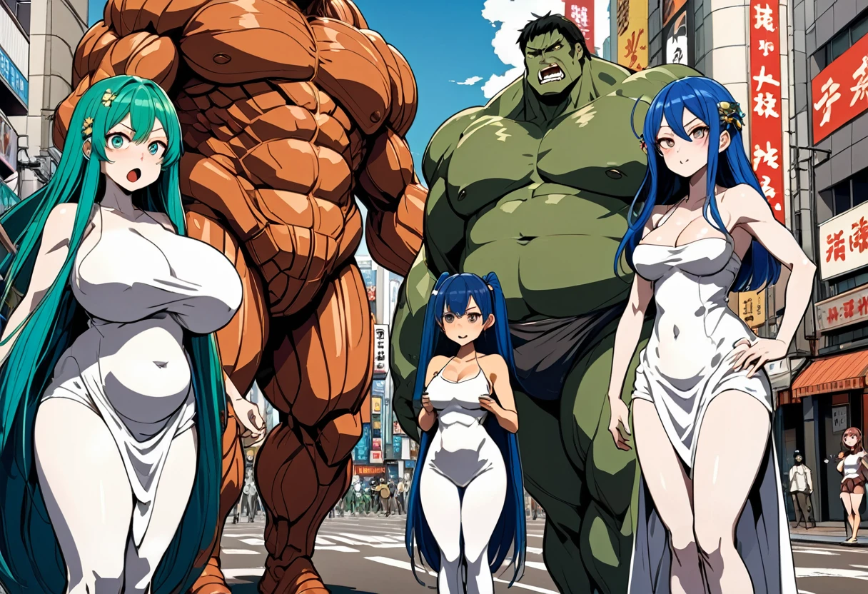 Three gorgeous women (varied height, varied weight, varied race, wearing a towel or less, crazy hairdo, crazy jewelry, tend towards fit and hourglass figure) are on their cell phones live streaming about how scared they are. A Titan (Attack on titan, a gigantic pot bellied titan man with overly big open mouth) is about to eat them. streets of tokyo
